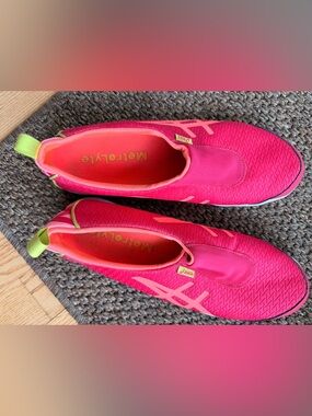 ASICS Women’s Hot Pink Slip-On Athletic Shoes with Lime Pull Tabs